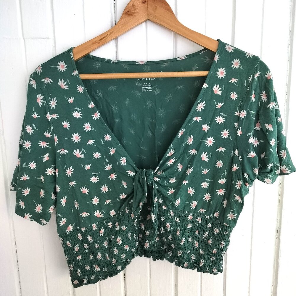 American Eagle Green Floral Crop Top Daisy Print Tie Front Summer Top Size L